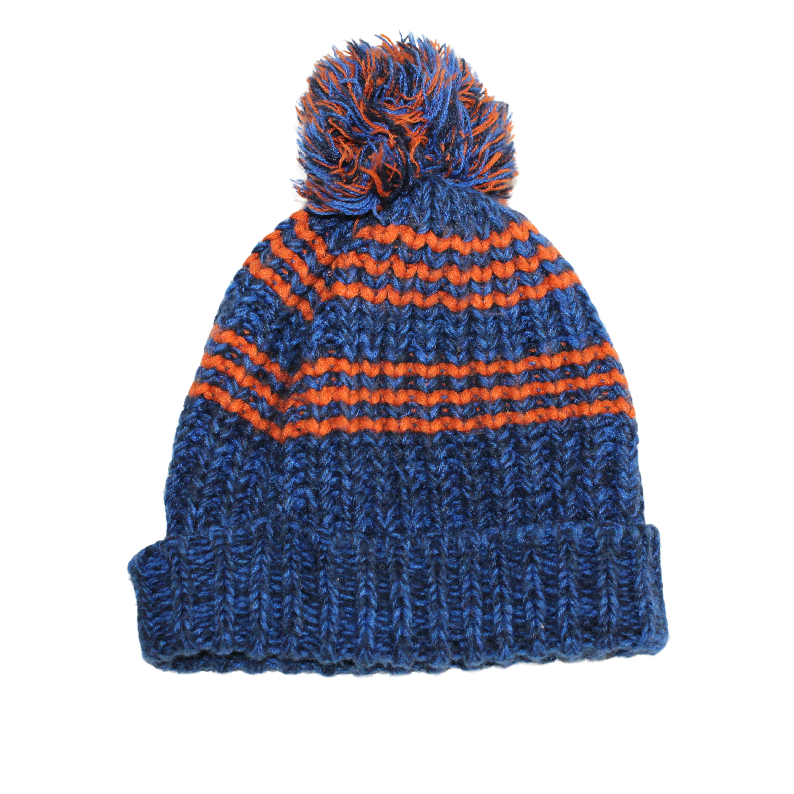 Orange and Blue Striped Bobble Hat