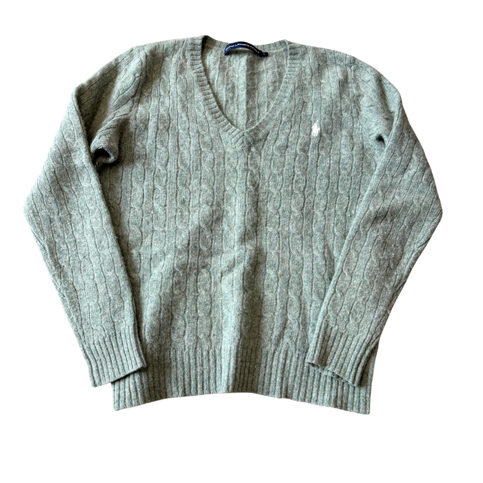 Lambswool Green Cable Knit V Jumper
