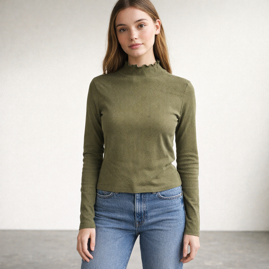 AI image for Ribbed Khaki High Neck Top
