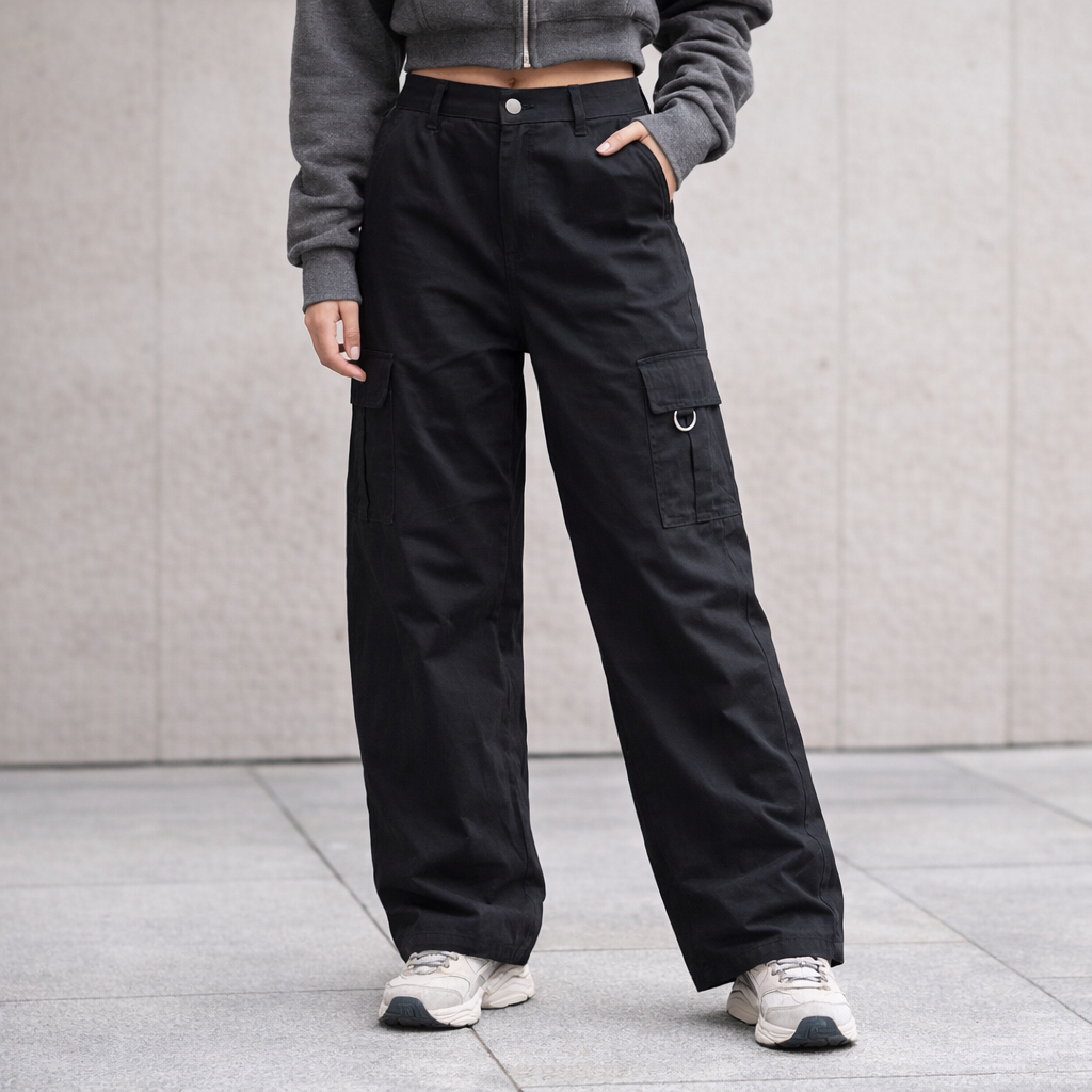 AI image for Wide Leg Black Cargo Trousers