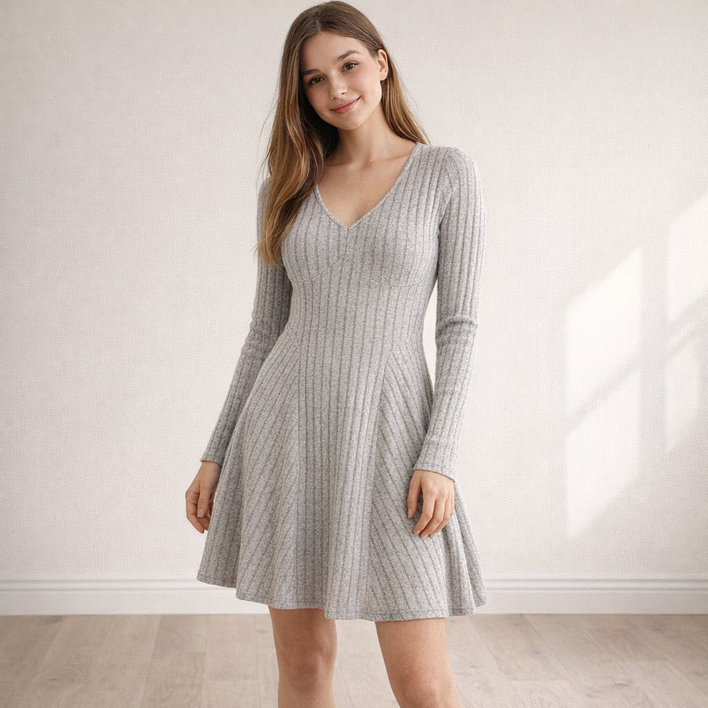 AI image for Ribbed V Neck Grey Skater Dress