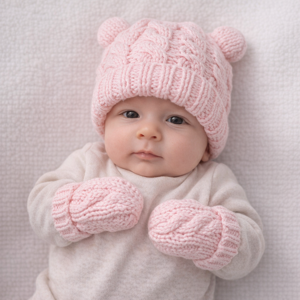 AI image for Pink Cable Knit Hat and Mittens
