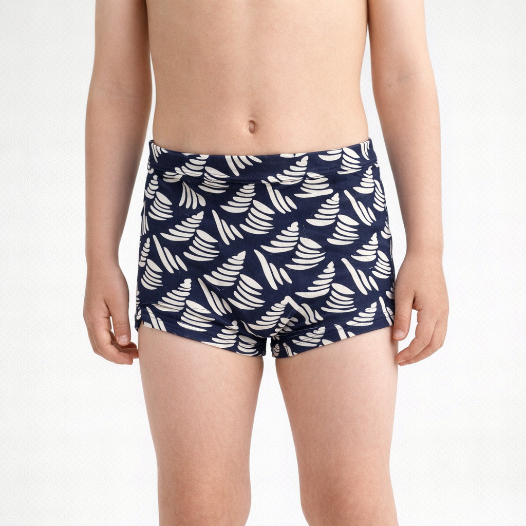 AI image for VINTAGE 1970s Brettles Boys Swim Trunks - Deadstock Made in England - Navy Blue Geometric Shell Print