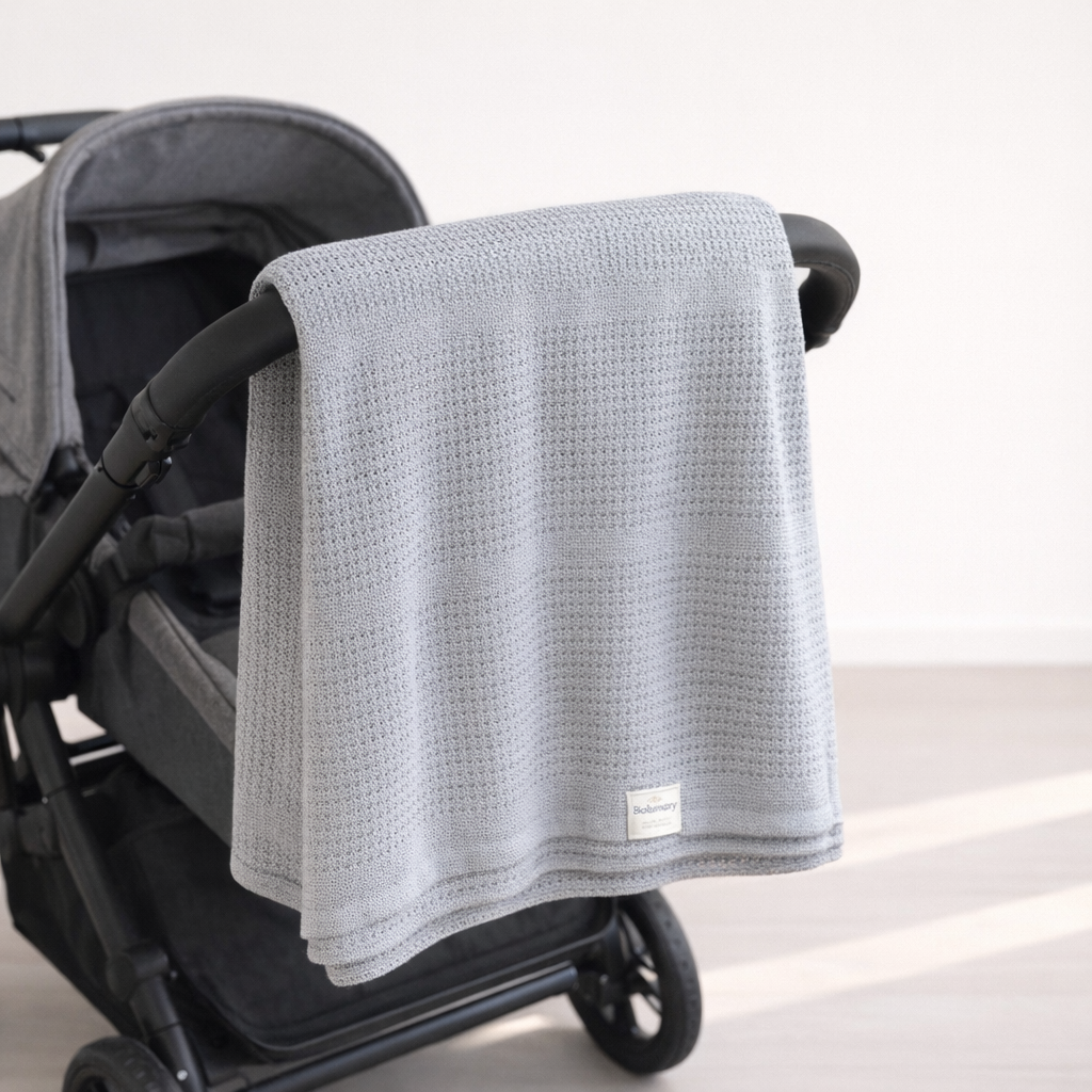 AI image for Grey Organic Cotton Cellular Pram Blanket